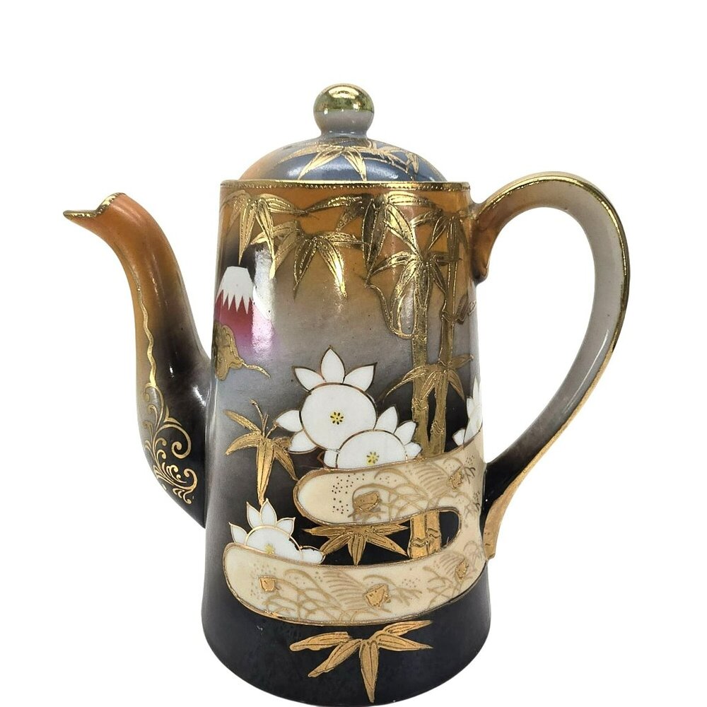 Antique Japanese Porcelain Teapot With Hand-Painted Bamboo & Flower Motif JE326
